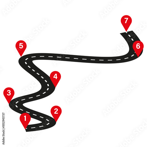 Road map with pins. Black road and red pins. Numbered route. Navigation path.