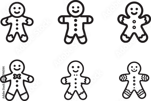 Gingerbread Man Silhouette Icon set.  Black and White Vector Style.
