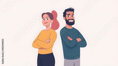 Cheerful hsppy man and woman with crossed hands standing back to.