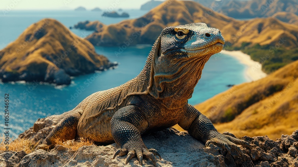 Fototapeta premium Komodo Dragon Perched on a Rocky Outcrop Overlooking a Tropical Bay