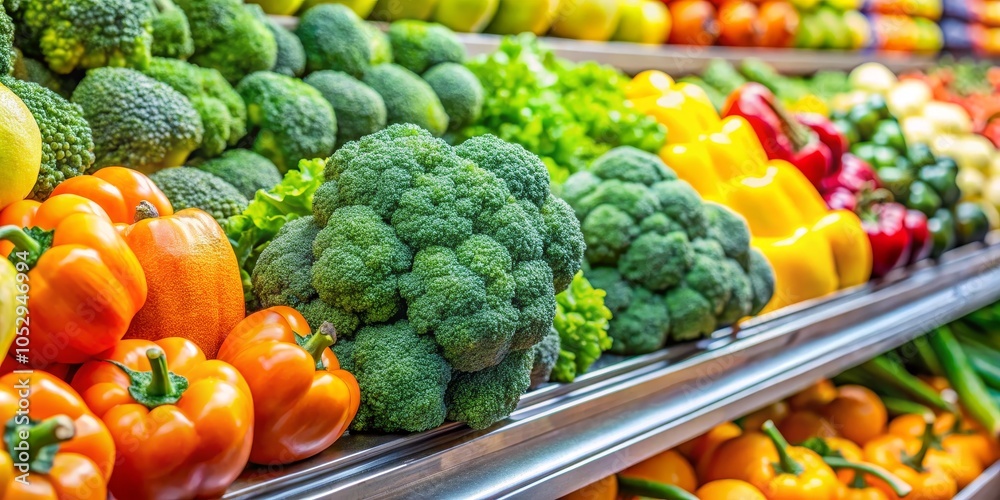 Close-up of Fresh Broccoli and Orange Bell Peppers in a Grocery Store, Produce, Vegetables, Healthy Food Close-up of Fresh Broccoli and Orange Bell Peppers in a Grocery Store, Produce, Vegetables, Healthy Food