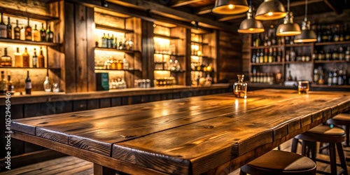 Close-up of a Rustic Wooden Bar Table with a Blurred Background of Bottles and Bar Stools, rustic bar, wooden table, pub decor