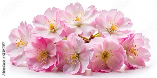 Delicate Pink Cherry Blossoms with Yellow Stamens, Closeup, Isolated on White Background, Spring Flowers, Floral Beauty, Nature Photography, Cherry Blossom