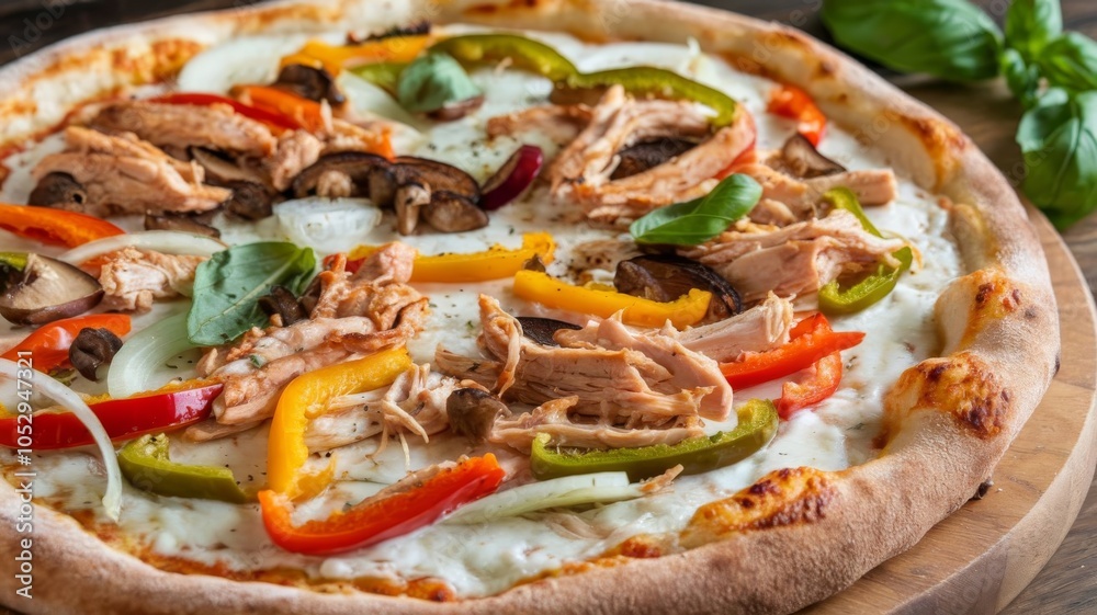 Italian style pizza with chicken and colorful vegetables Italian style pizza with chicken and colorful vegetables