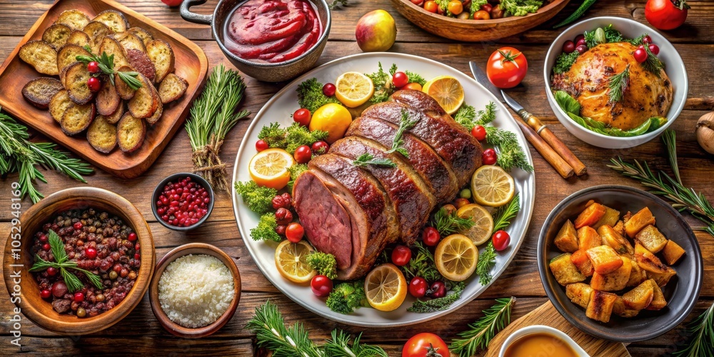 Roasted Turkey with Cranberry Sauce and Lemon, Thanksgiving, dinner, festive, holiday, Roasted Turkey with Cranberry Sauce and Lemon, Thanksgiving, dinner, festive, holiday,