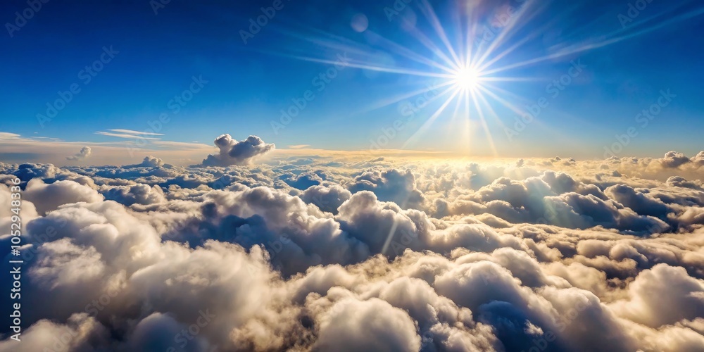 Sunbeams Illuminating Cumulus Clouds Above, Aerial View, Golden Hour, Cloudscape, Sky, Nature, Beautiful Sunbeams Illuminating Cumulus Clouds Above, Aerial View, Golden Hour, Cloudscape, Sky, Nature, Beautiful