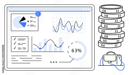 Financial dashboard on monitor displaying pie chart, line graphs, and checklist. Stack of coins and wallet. Ideal for finance apps, budgeting, economic analysis, investment tracking, financial