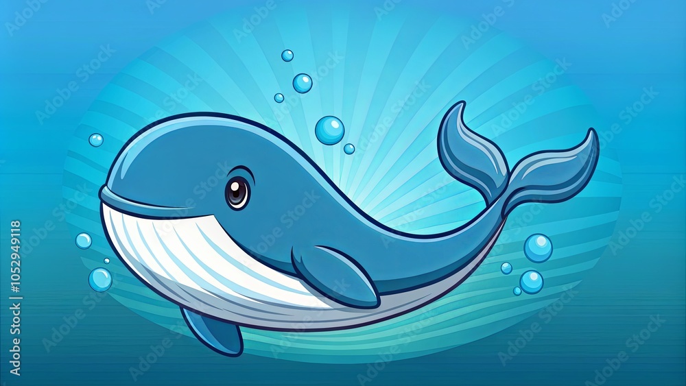 Fototapeta premium A Blue Whale Glides Through Sunlit Depths, Tail Flipping in a Graceful Arc, Surrounded by Bubbles, Creating a Whimsical Underwater Scene