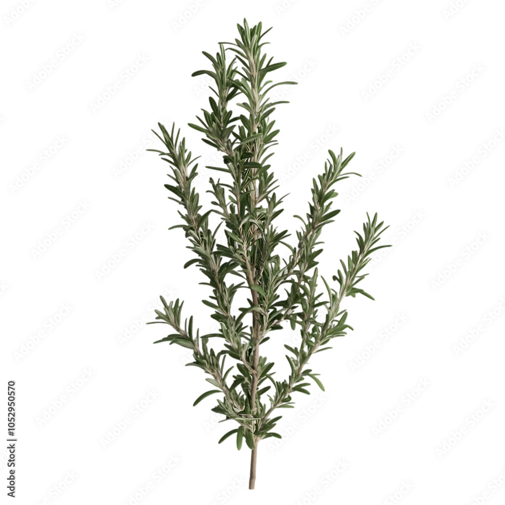 Fototapeta premium A sprig of rosemary with dark green leaves and a woody stem.