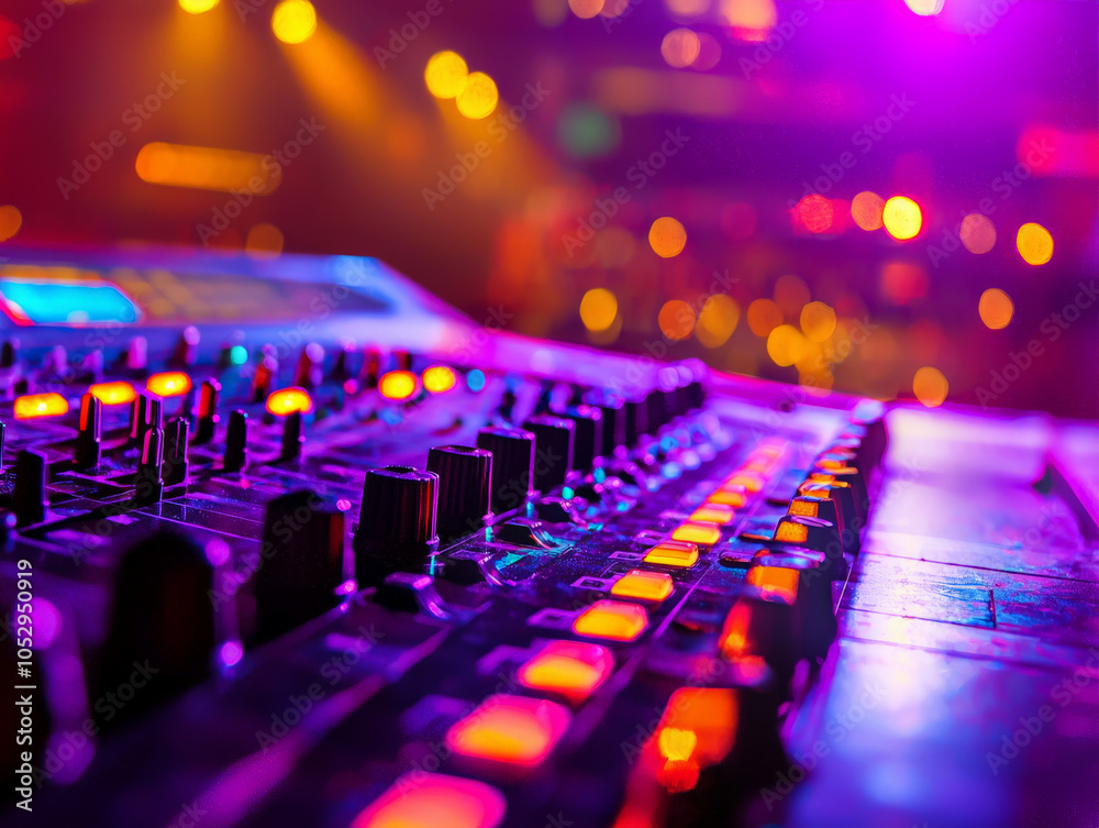 Fototapeta premium vibrant close up of sound mixing console, showcasing colorful buttons and knobs illuminated by stage lights, creating energetic atmosphere