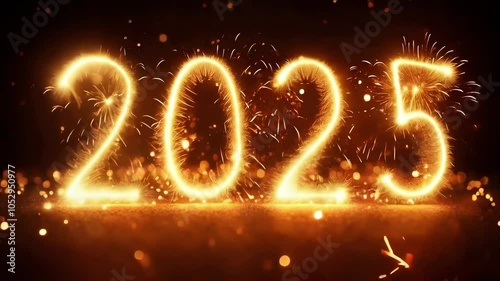 New Year 2025, sparkling golden numbers, fireworks display, festive celebration, night sky, glowing text, magical atmosphere, holiday excitement