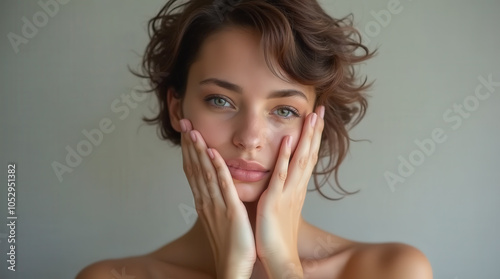 A beautiful young model holding her hands to her face. She has a flawless complexion and a concerned or worried expression. Bare shoulders. Standing against a neutral background.