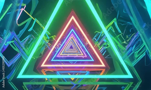 A vibrant geometric design featuring neon triangles and abstract shapes.