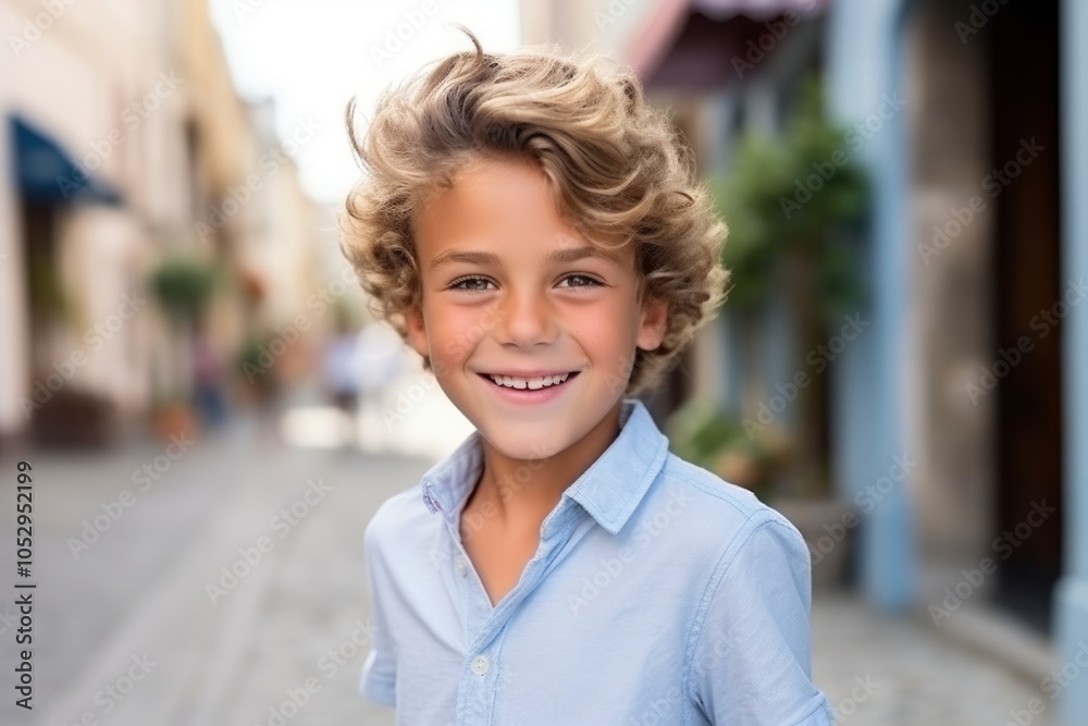 Fototapeta premium Portrait of a cute little boy with blond curly hair in the city