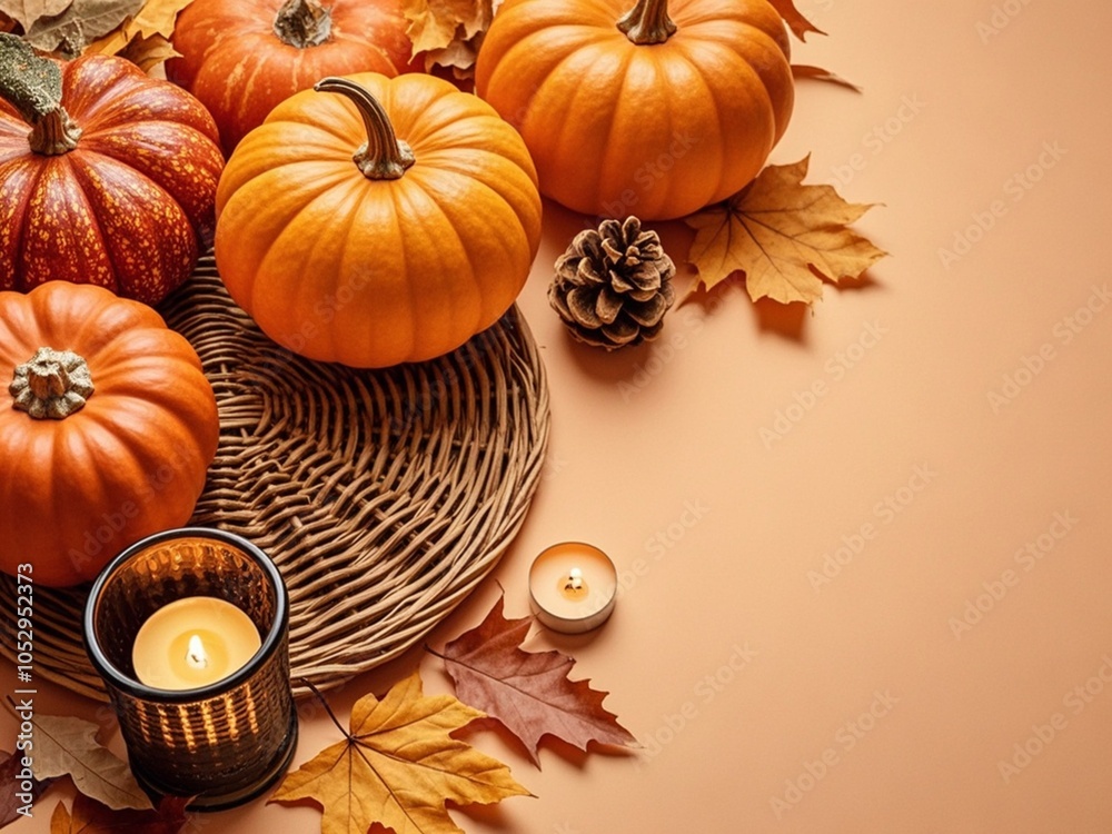 Autumn Thanksgiving holiday background from pumpkins, colorful dried leaves and fall decorations top view.