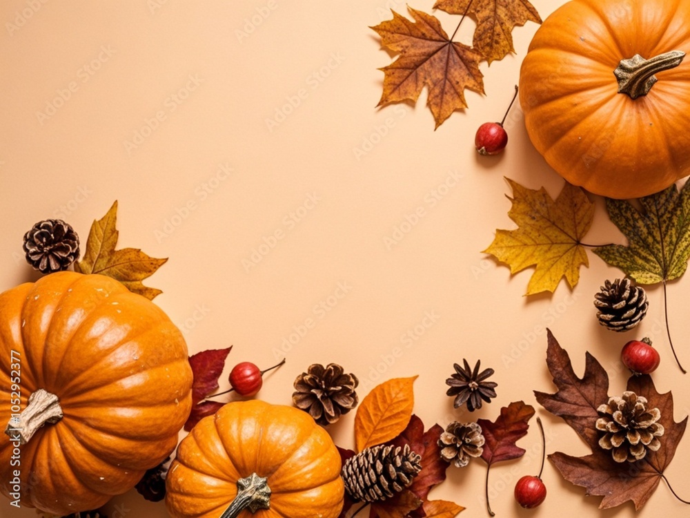 Autumn Thanksgiving holiday background from pumpkins, colorful dried leaves and fall decorations top view.