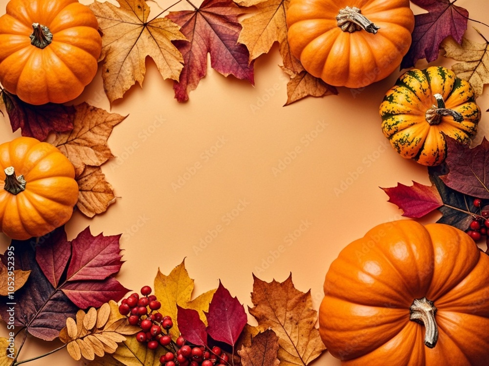 Autumn Thanksgiving holiday background from pumpkins, colorful dried leaves and fall decorations top view.