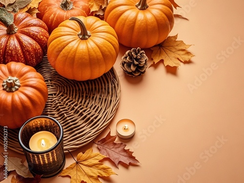 Obraz na płótnie Autumn Thanksgiving holiday background from pumpkins, colorful dried leaves and fall decorations top view. w salonie