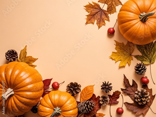 Obraz na płótnie Autumn Thanksgiving holiday background from pumpkins, colorful dried leaves and fall decorations top view. w salonie