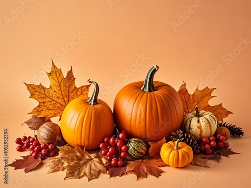 Autumn Thanksgiving holiday background from pumpkins, colorful dried leaves and fall decorations