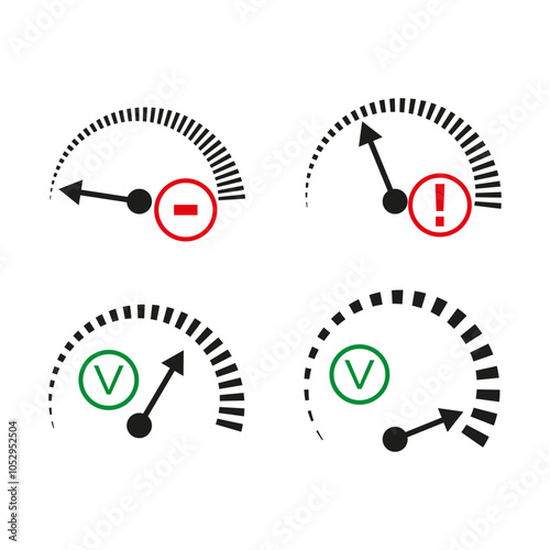 Speedometer icon set. Red and green marks. Vector gauge symbols. Measurement icons.