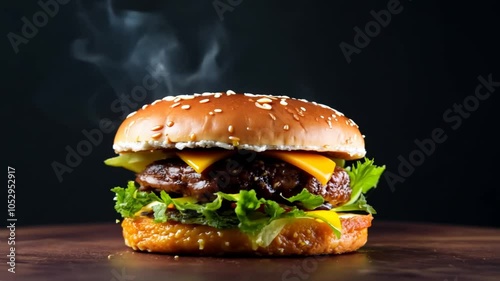juicy delicious dark burger background food meal tasty beef cheese lettuce tomatoes onion bun condiment savoury grilled epicure hunger appetising indulgence temptation snack fast cookery succulent mo