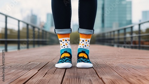 Wallpaper Mural Stylishly Unique Footwear: A Vibrant Display of Colorful Socks on a Wooden Pathway, Combining Modern Design Elements with Playful Patterns Against a City Backdrop. Torontodigital.ca