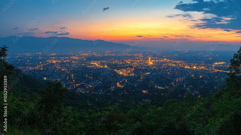 Panoramic view of a city at sunset, with distant mountains and a hazy sky. Panoramic view of a city at sunset, with distant mountains and a hazy sky.