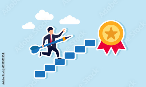 A businessman carrying a needle arrow climbing stairs to target an award medal, illustration of effort to focus on achieving the best business title in his field