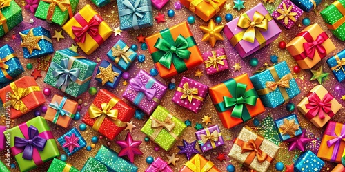 A festive abundance of colorful gift boxes, adorned with shimmering bows and nestled amongst sparkling stars, creates a captivating display of joy and anticipation.