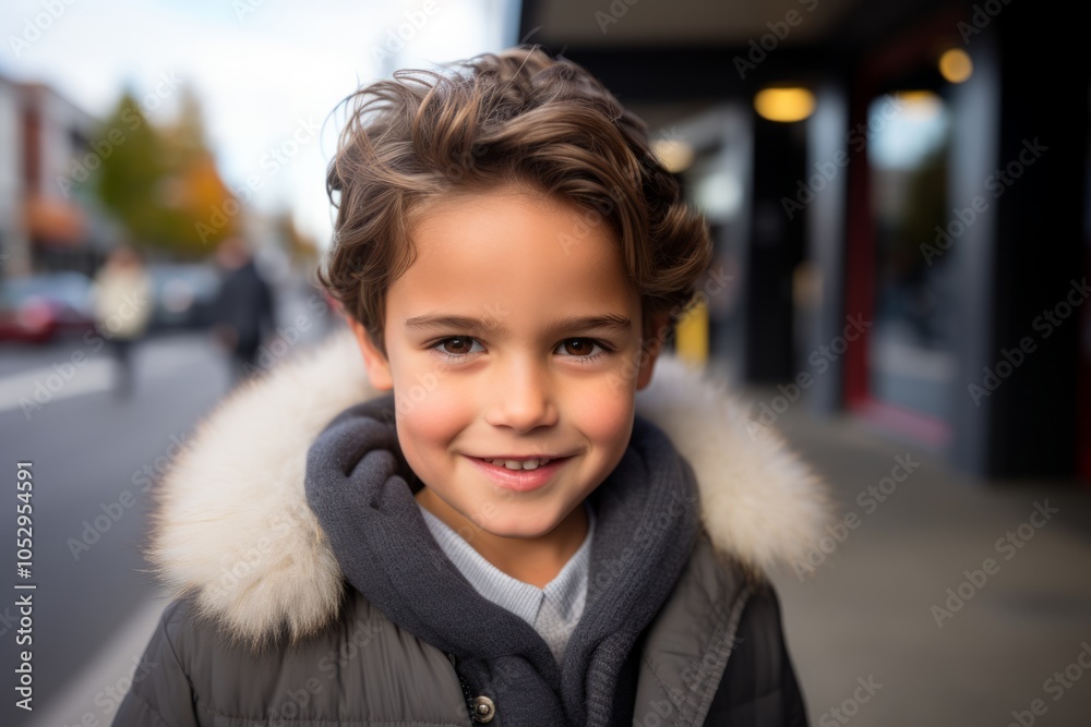 portrait of a smiling little boy in a coat on the street portrait of a smiling little boy in a coat on the street