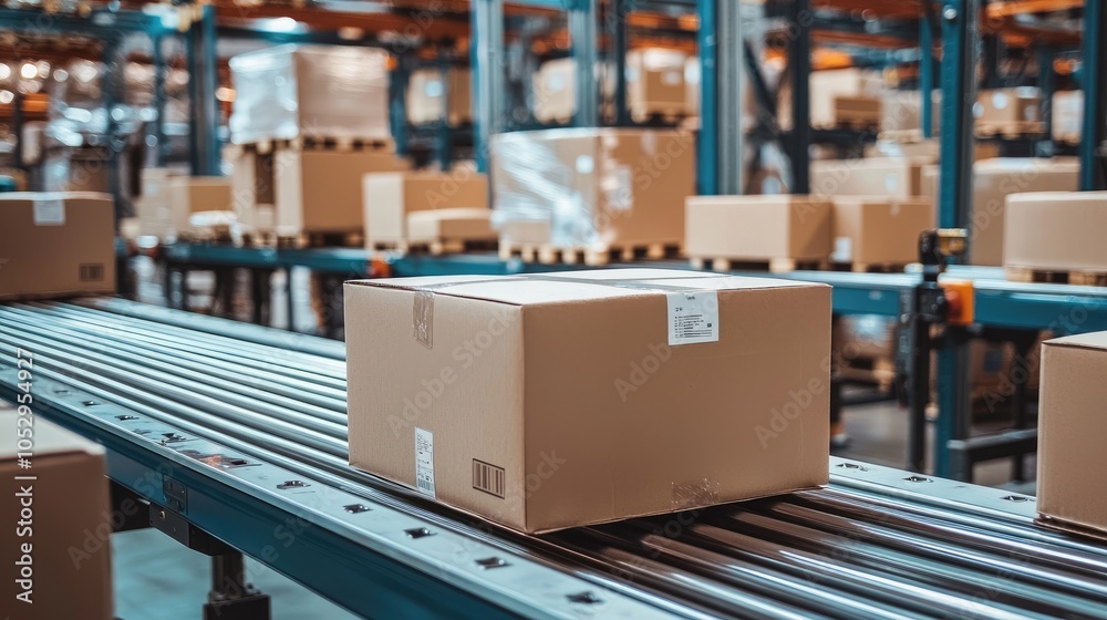 Boxes on Conveyor Belt in Industrial Warehouse Setting Boxes on Conveyor Belt in Industrial Warehouse Setting