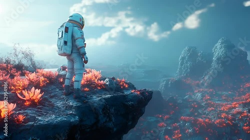 Astronaut Exploring Alien Landscape with Glowing Flowers