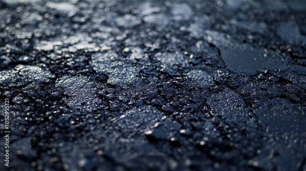 2410 26.A detailed close-up of new asphalt texture, filling the frame with a uniform, dark gray surface. The rough texture of the asphalt is visible, with small aggregates creating a natural pattern