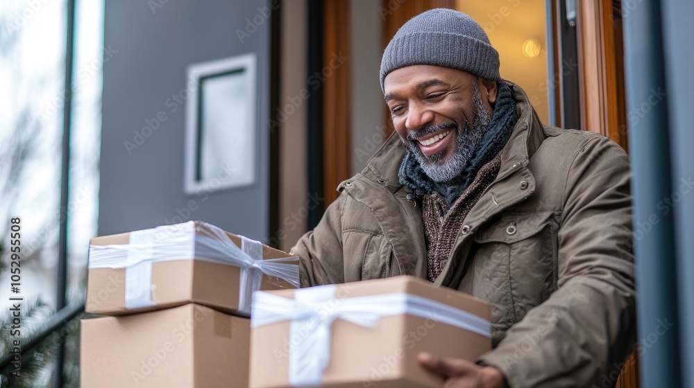 Happy Man Receiving Delivery at Front Door