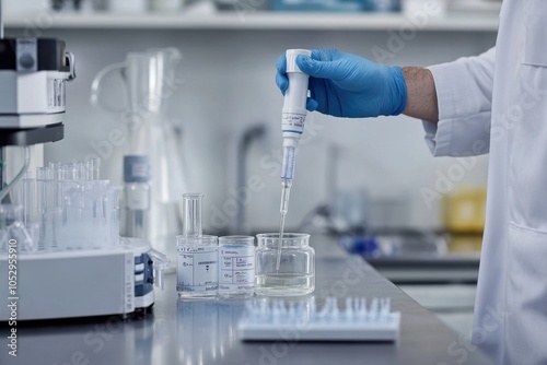 A scientist conducting an acid-base titration in a modern laboratory, showcasing the meticulous process and scientific method, with clear glassware and precise measurements