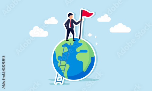 A businessman standing on a globe with a ladder, holding a red flag, illustration of striving to be the best in his field