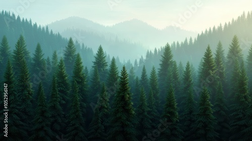 A serene forest landscape with dense evergreens, layered mountains in the background, and a soft mist enveloping the scene.