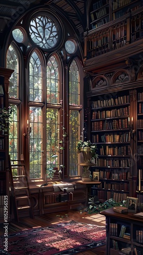 A Sunlit Library with Ornate Bookshelves and a View of a Lush Garden