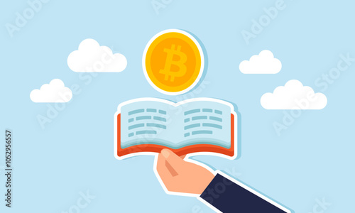 A hand opens a book containing a bitcoin, illustration of learning new insights to apply in bitcoin investment strategy