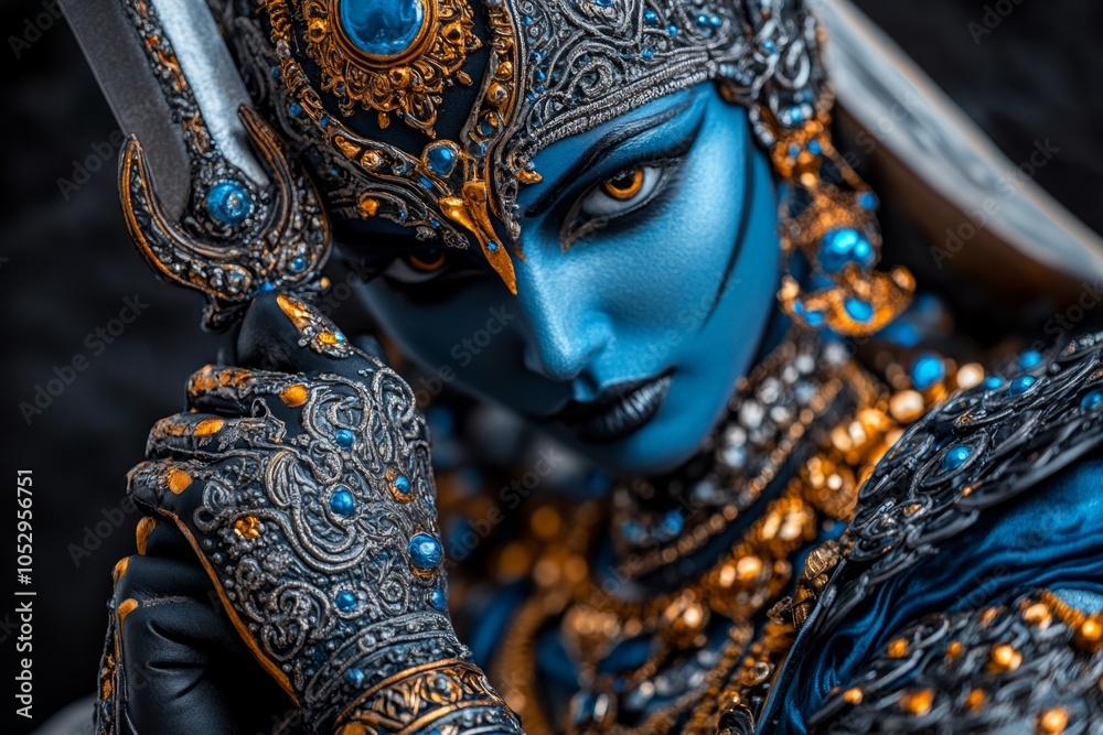 Obraz premium A lifelike close-up of Kaliâ€™s hands holding a sword, severed head, and trident, symbolizing her role as destroyer of evil