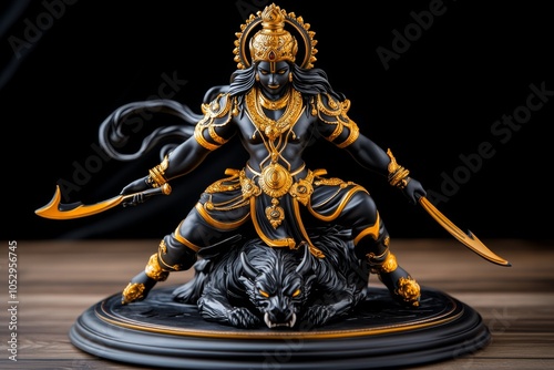 A lifelike illustration of Goddess Kali standing atop a demon, symbolizing the victory of good over evil photo