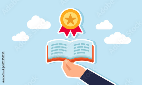 A hand opens a book containing an award medal, illustration of learning new insights to upgrade a business to become the best in its field