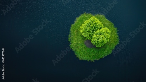 Aerial view of a lush, green island surrounded by calm water, featuring prominently two trees and a vibrant natural landscape.