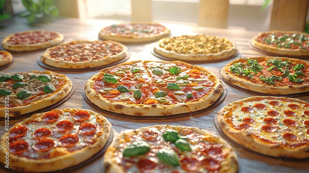 Pizzeria menu, variety of pizzas and toppings, 3D illustration Pizzeria menu, variety of pizzas and toppings, 3D illustration
