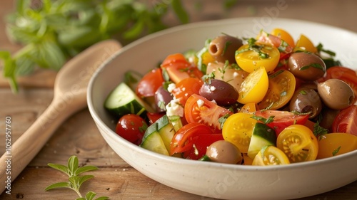 Greek salad with tomatoes, cucumbers, olives, and feta cheese, Salad photography