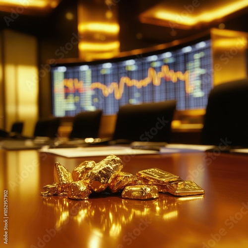 A close-up of gold bars and nuggets on a wooden table, with a financial chart backdrop showcasing market data and trends.