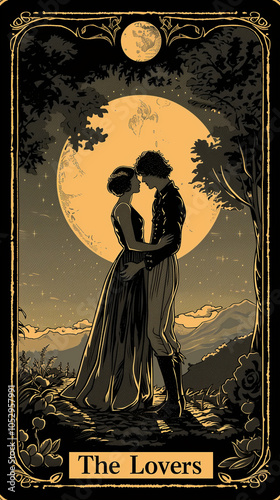 Romantic illustration of two lovers embracing under a full moon, set in a vintage tarot card style with intricate borders