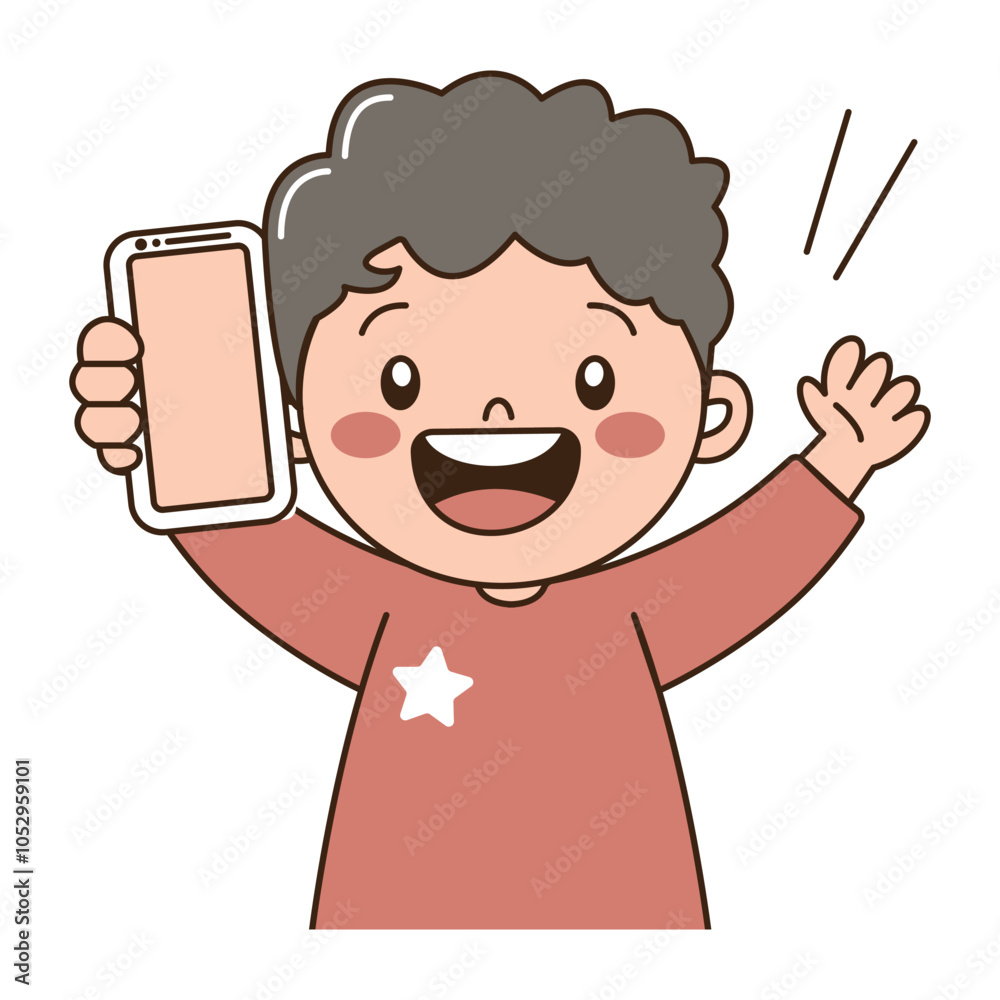 Cute Curly Haired Kid Boy Character Holding Gadget Handphone with Happy Expression Cute Curly Haired Kid Boy Character Holding Gadget Handphone with Happy Expression