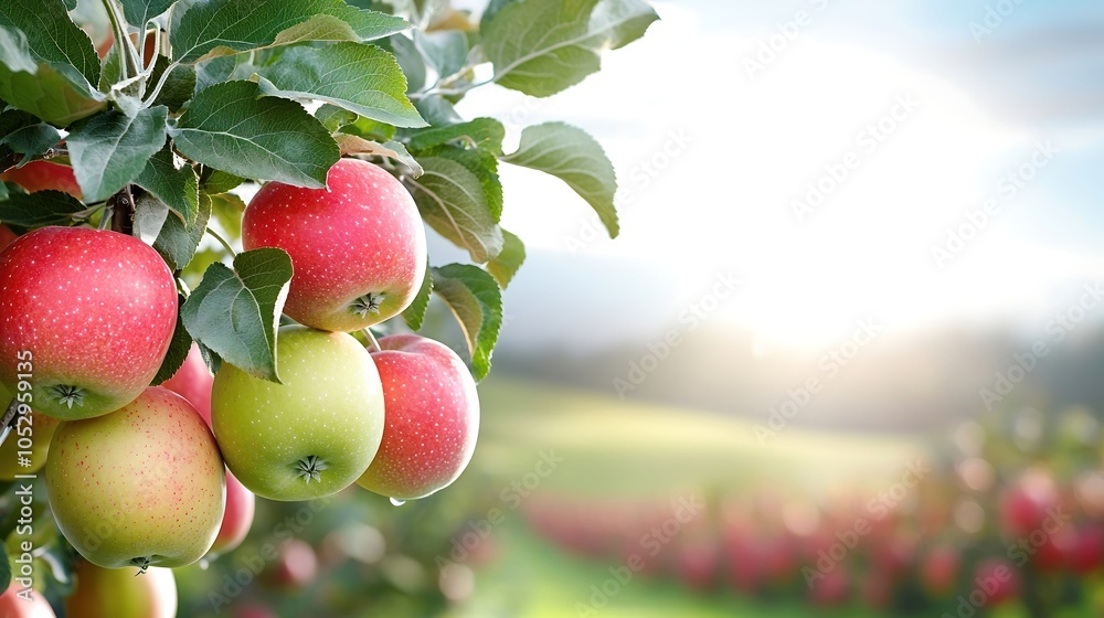 Lush apple orchards in full bloom with vibrant red and green apples hanging from the trees, framed by a bright sky and rolling hills. The scene captures the essence of freshness and abundance,